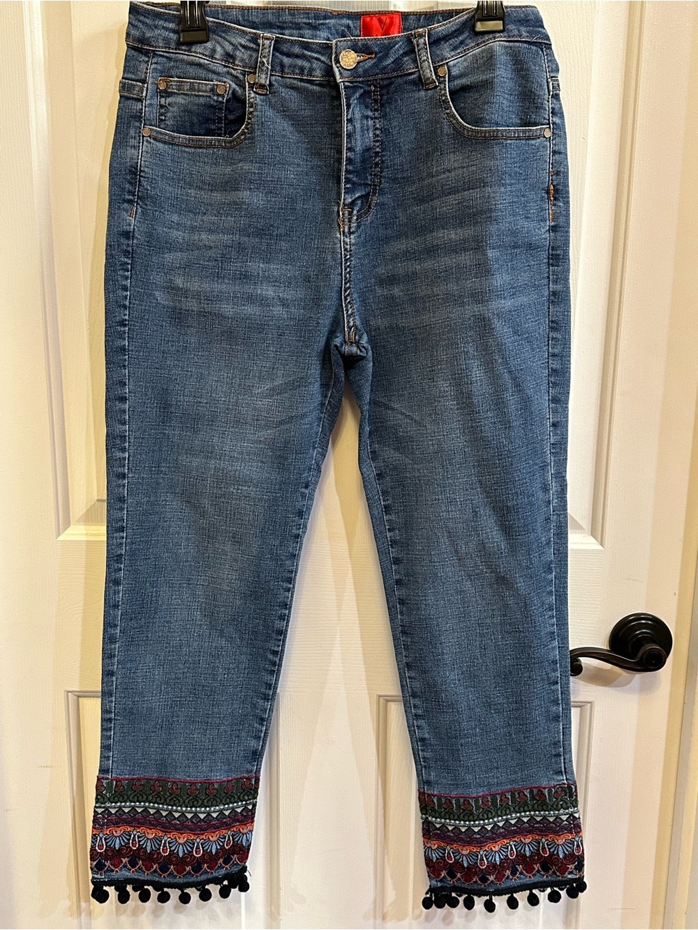 Blue Cropped Jeans with Embroidered Hem and Pom Trim